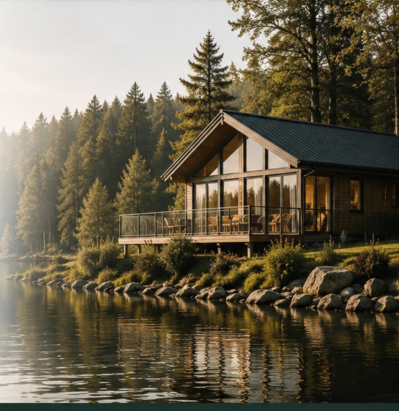 Contemporary holiday lodge beside a lake in a wooded setting