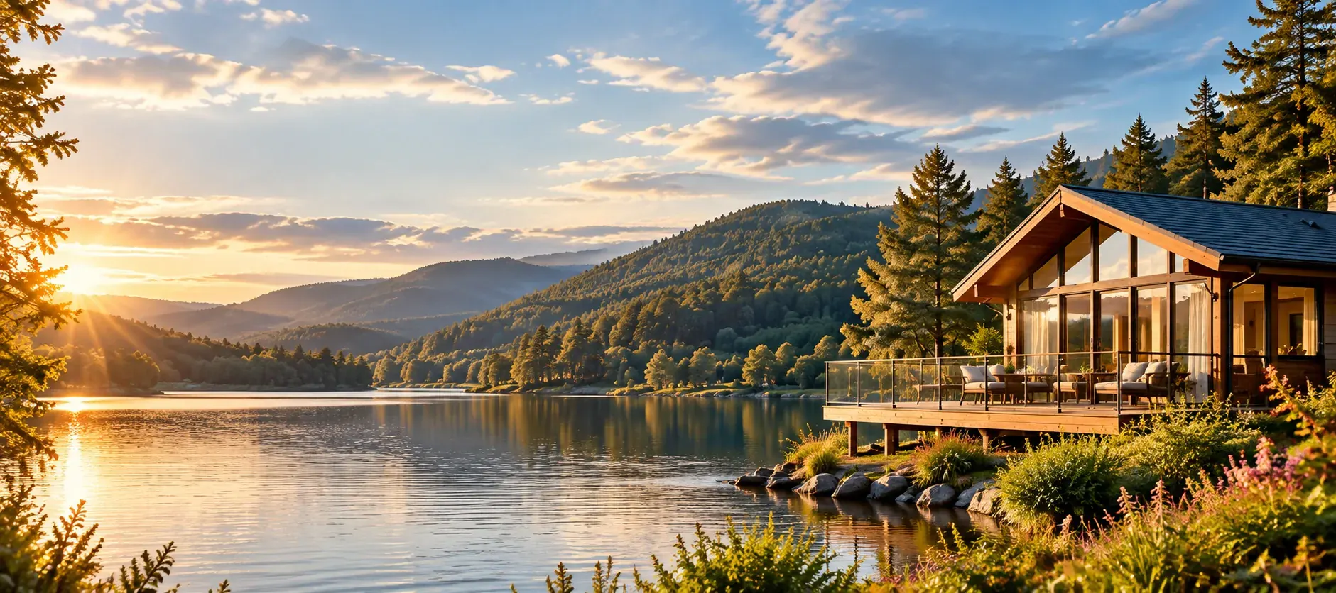 Timber holiday lodge beside a lake, with wooded hills in evening light
