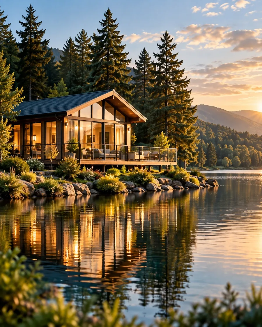 Warmly lit lakeside holiday lodge surrounded by trees